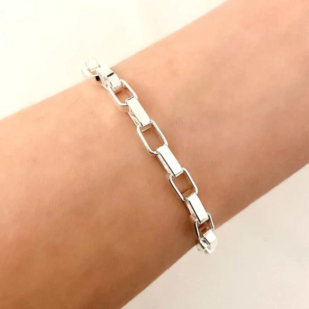 925 Sterling Silver Box Chain Bracelet Link Bracelet 8 inch Bracelet - Picture 2 of 3